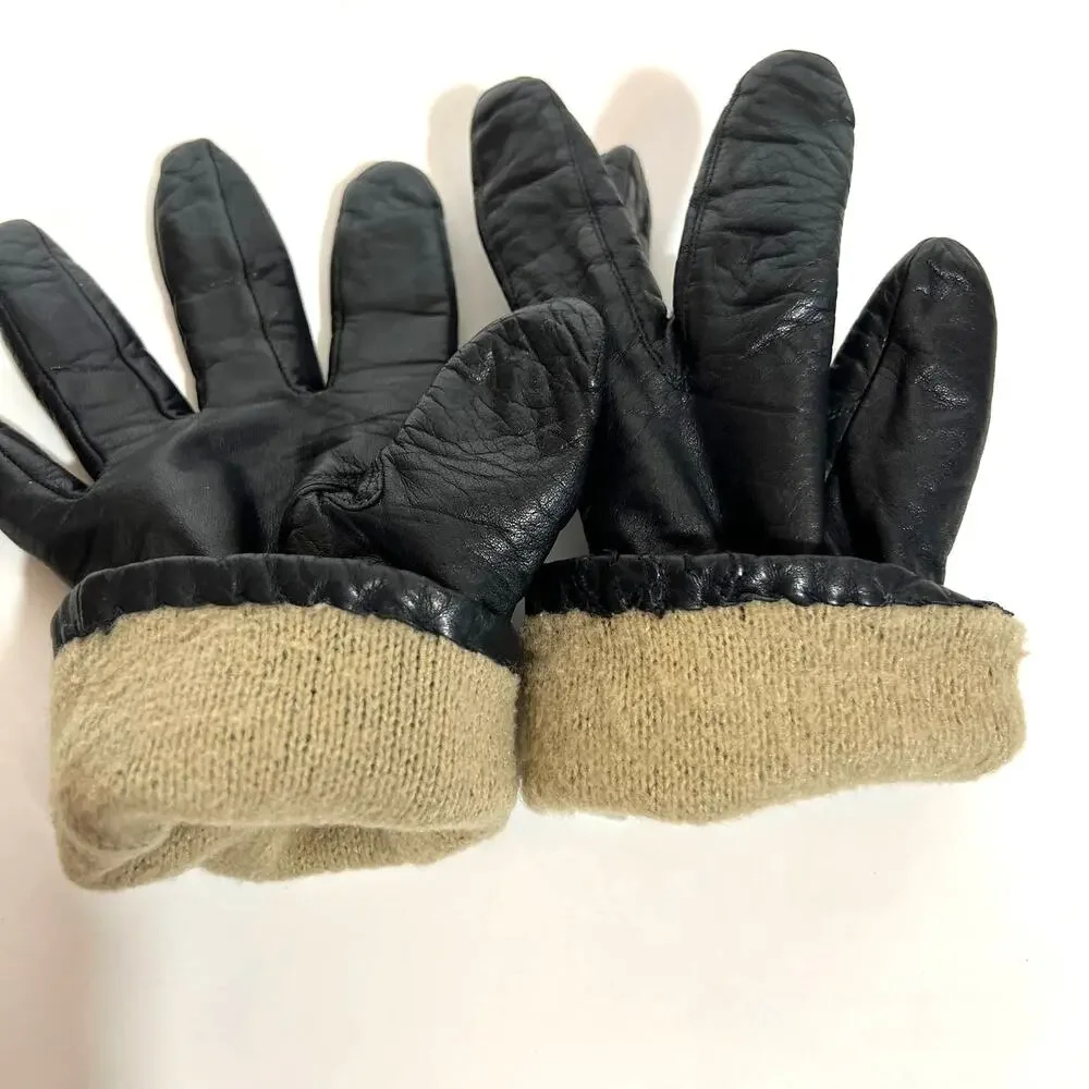 Van Raalte Black Leather Gloves 1980s Vintage Medium Knit Lining Vintage Retro